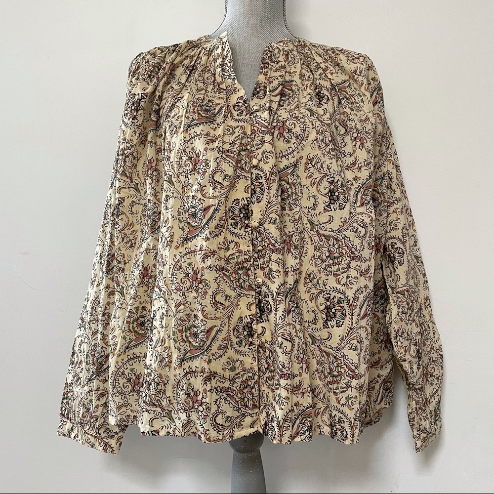 Louizon Peasant style prairie blouse cotton floral paisley print cream colour